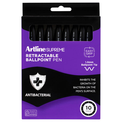 Artline Supreme Retractable Antibacterial Ballpoint Pen 1.0mm Core Black Pack 10
