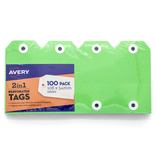 Avery Green 2in1 Perforated Tag 54x108mm 100 Pack