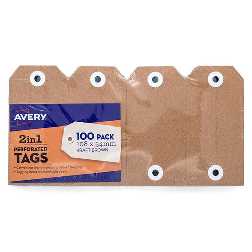 Avery Kraft Brown 2in1 Perforated Tag 54x108mm 100 Pack