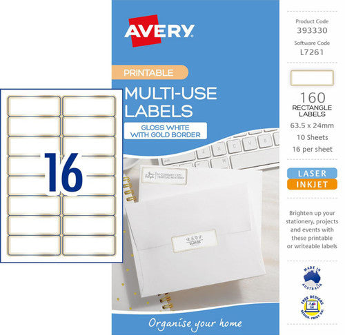Avery Multi Use Labels With Gold Border 10 Pack 63.5x24mm Laser Inkjet 16UP