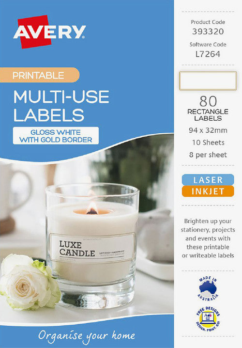 Avery Multi Use Labels With Gold Border 10 Pack 94x32mm Laser Inkjet 8UP