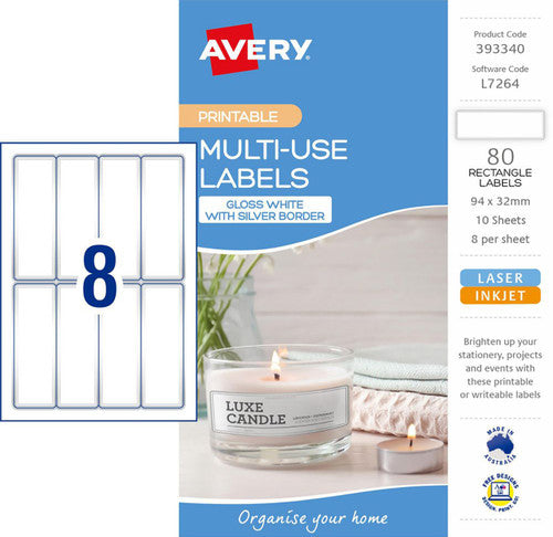 Avery Multi Use Labels With Silver Border 10 Pack 94x32mm Laser Inkjet 8UP