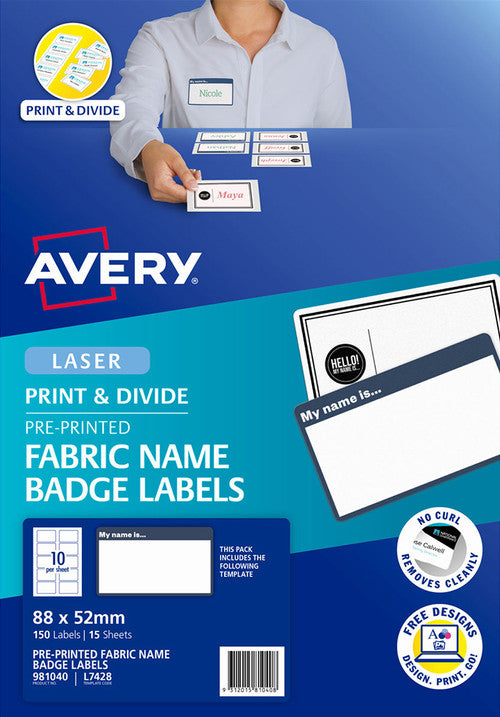Avery My Name Is Fabric Name Badge Labels 15 Pack 88x52mm Laser 10UP