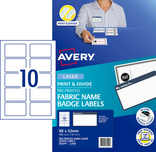 Avery My Name Is Fabric Name Badge Labels 15 Pack 88x52mm Laser 10UP