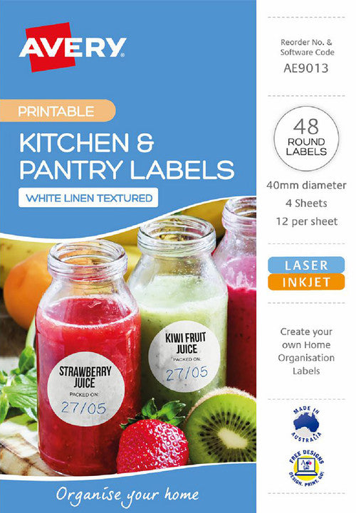 Avery Round Kitchen Pantry Labels 4 Pack 40mm Diameter Laser Inkjet 12UP
