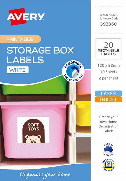 Avery Storage Box Removable Labels 10 Pack 120x98mm Laser Inkjet 2UP