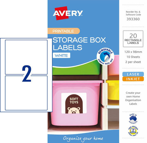 Avery Storage Box Removable Labels 10 Pack 120x98mm Laser Inkjet 2UP