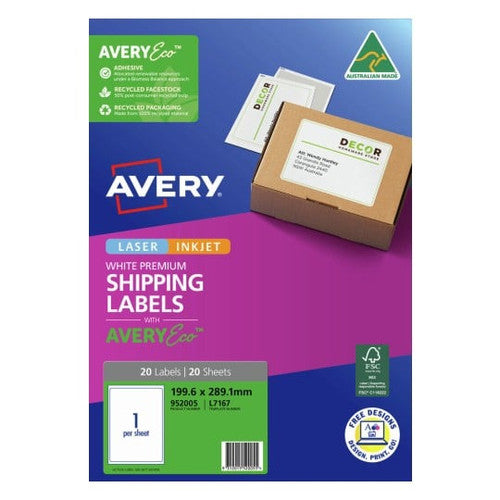 AveryEco Quick Peel Address Labels with Sure Feed L7167 20 Pack 199.6 x 289.1mm Laser White 1UP