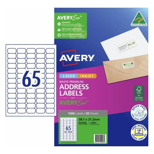 AveryEco Quick Peel Address Labels with Sure Feed L7651 1300 Pack 38.1 x 21.2mm Laser White 65UP