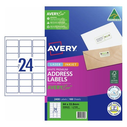 AveryEco Quick Peel Address Labels with Sure Feed L7159 2400 Pack 64 x 33.8mm Laser White 24UP