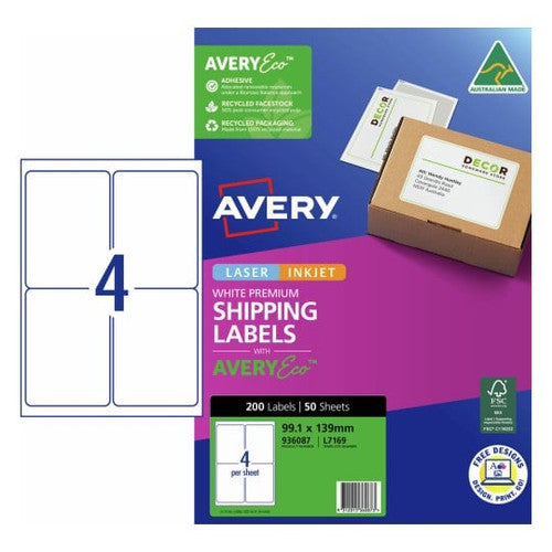 AveryEco White Address and Shipping Inkjet Labels J8169 50 Pack 99.1 x 139mm 4UP