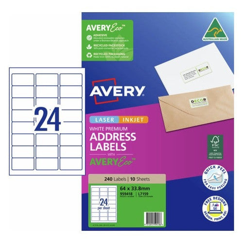 AveryEco Quick Peel Address Labels with Sure Feed L7159 10 Pack 64 x 33.8mm Laser Inkjet White