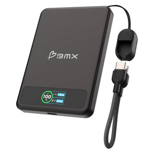 BMX SolidSafe 5K magnetic power bank in black with the lanyard cable and USB-C plug, display reading 100 percent with 15W and C1 20W