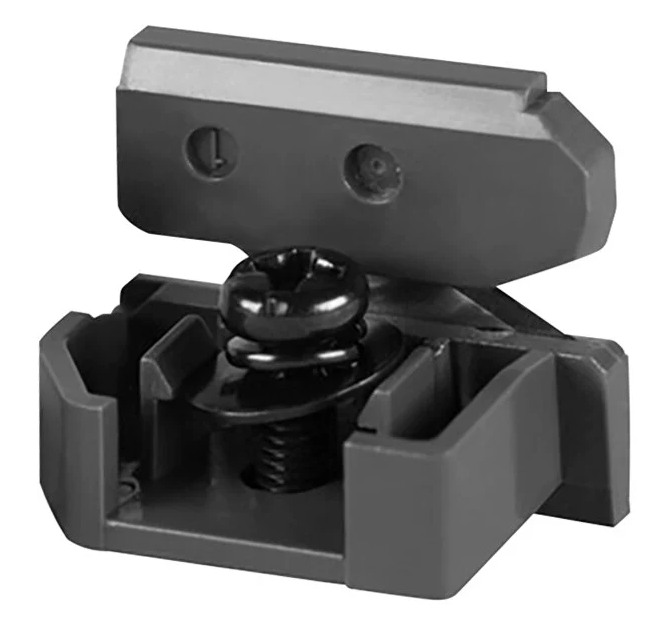 A dark gray plastic and black metal toggle clamp or latch component with a spring-loaded screw, shown on a plain white background.