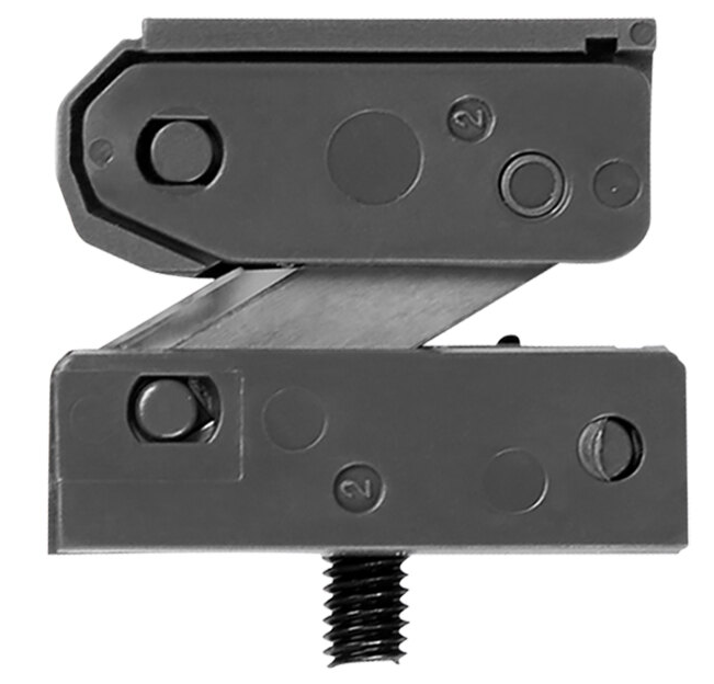 A close-up studio shot of a dark gray metal hardware component with a threaded screw visible at the bottom, isolated on a white background.