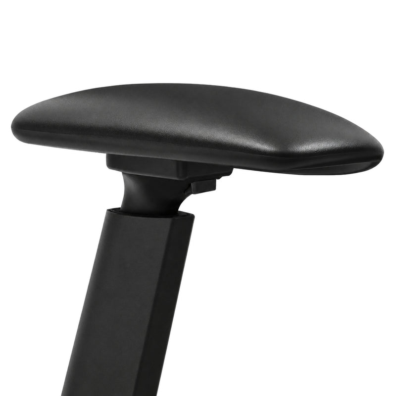 Detailed product view of a Buro Force adjustable black armrest against a white background, showing the curved arm pad, support structure and adjustment mechanism designed for compatible Force
