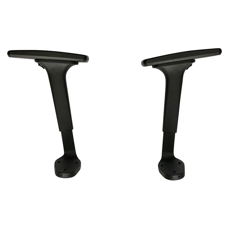 Side product view of the Buro adjustable chair arms pair on a white background, showing both black arm pads, height adjustable supports and lower mounting sections for compatible chairs.