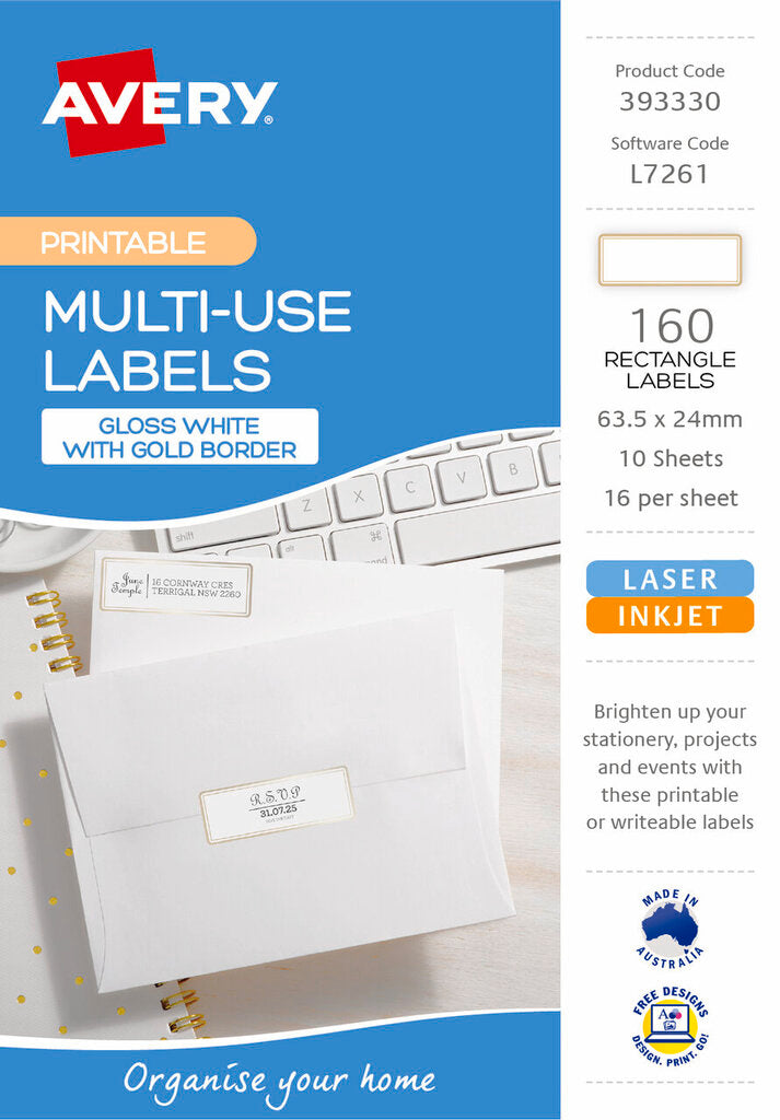 Avery Multi Use Labels With Gold Border 10 Pack 63.5x24mm Laser Inkjet 16UP – view 2