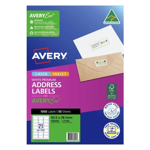 AveryEco White Address and Shipping Inkjet Labels J8160 50 Pack 63.5 x 38.1mm 21UP