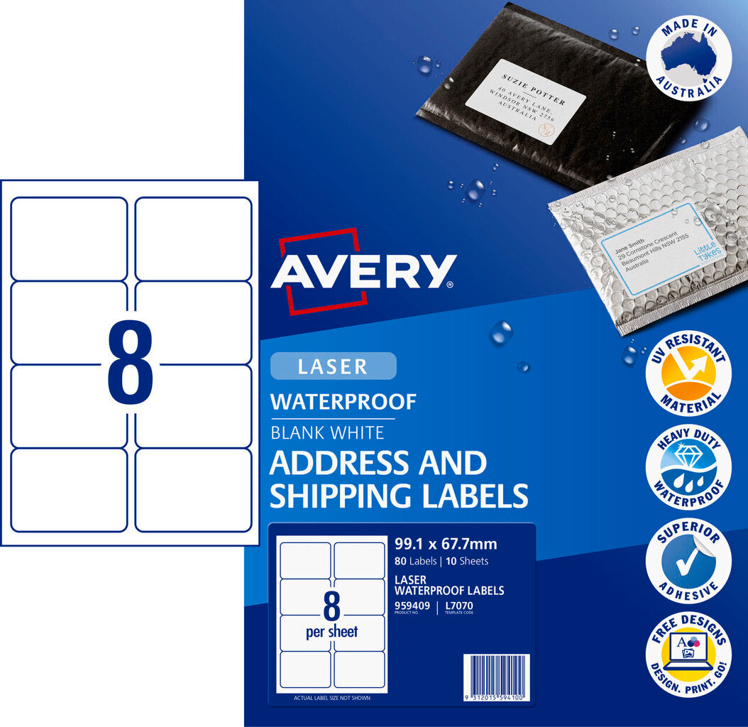 Avery White Weatherproof Shipping Labels L7070 80 Labels 8UP