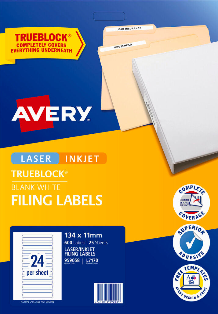 Avery White Filing Labels 134 x 11mm Laser Inkjet Permanent 600 Labels/25 Sheets 24UP – view 2
