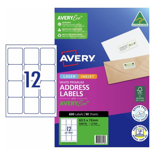 AveryEco White Address and Shipping Inkjet Labels J8164 50 Pack 63.5 x s72mm 12UP
