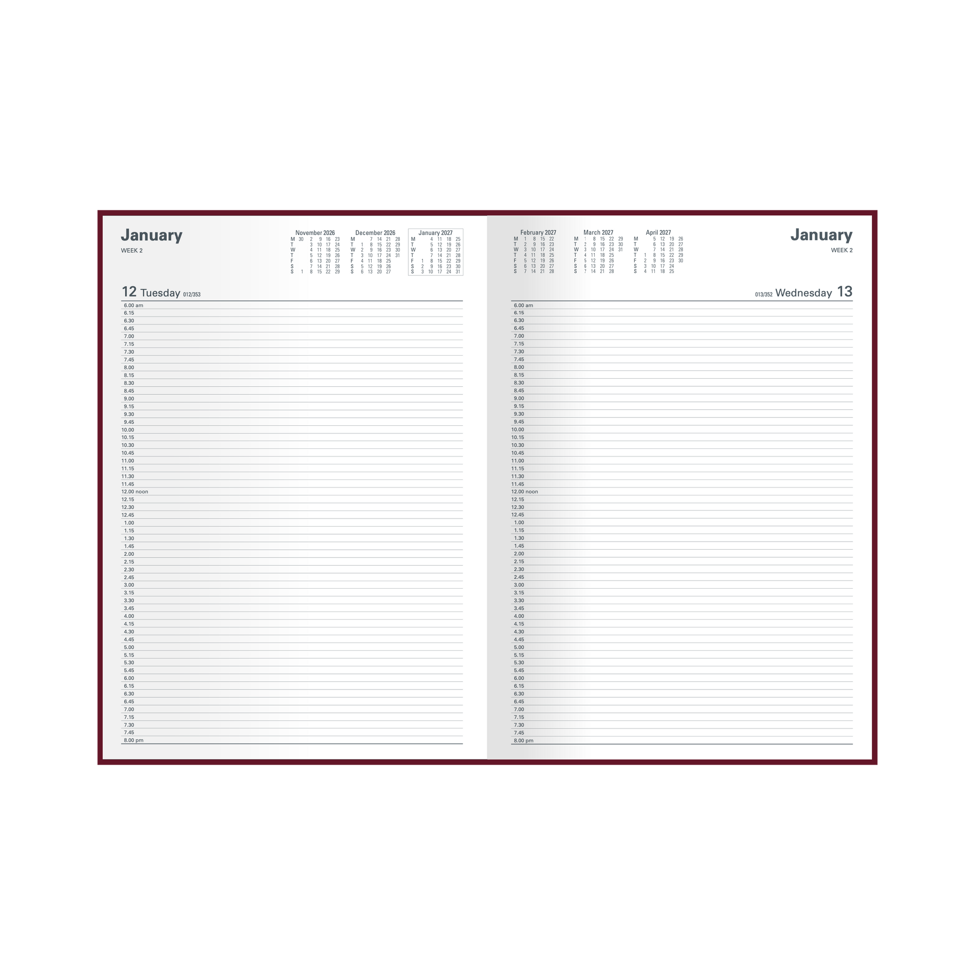 Collins Appointment 2027 A4 Day to Page Burgundy angled view