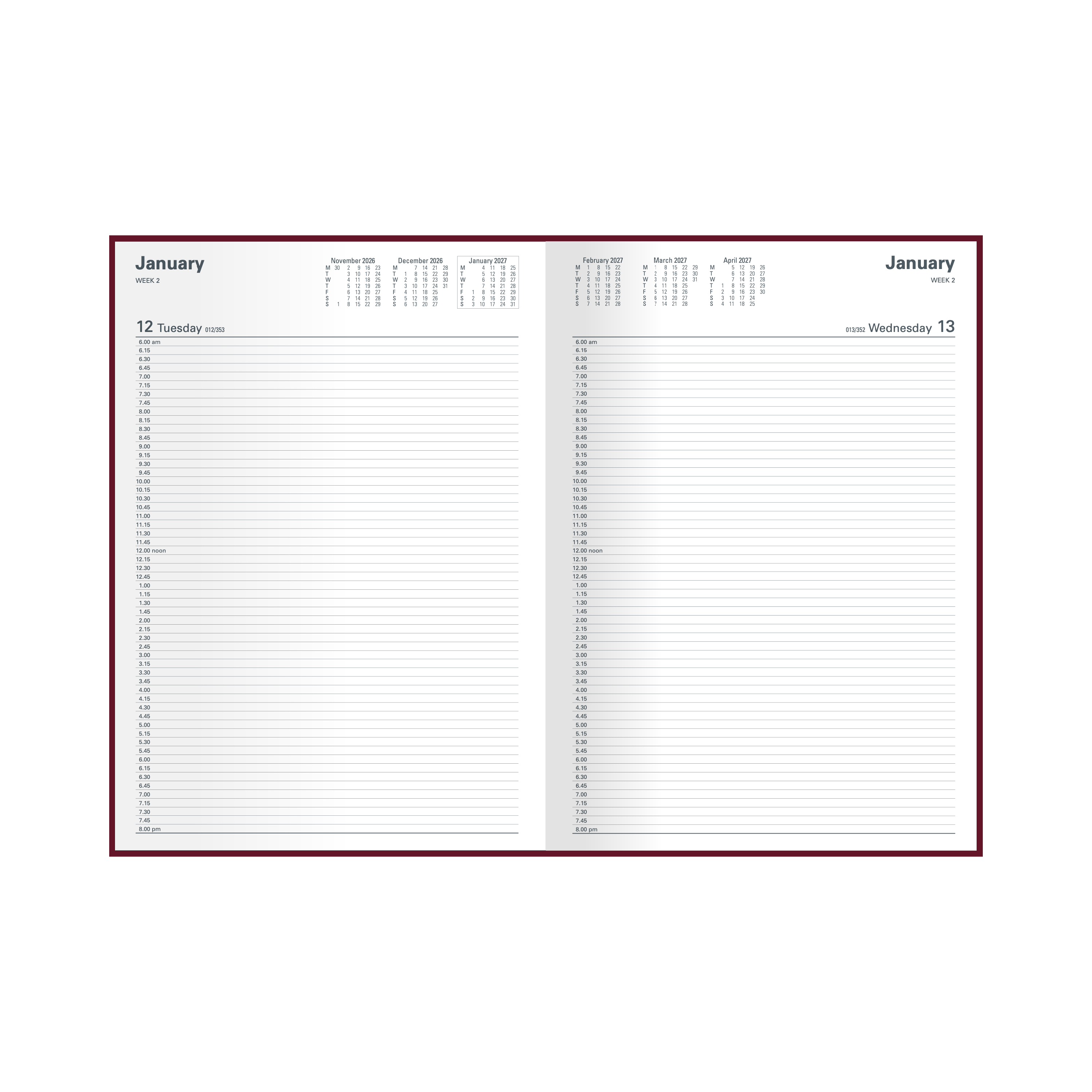 Collins Appointment 2027 A4 Day to Page Burgundy angled view