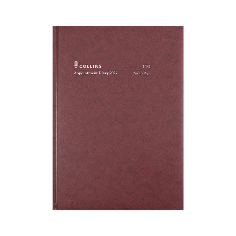 Collins Appointment 2027 A4 Day to Page Burgundy angled view