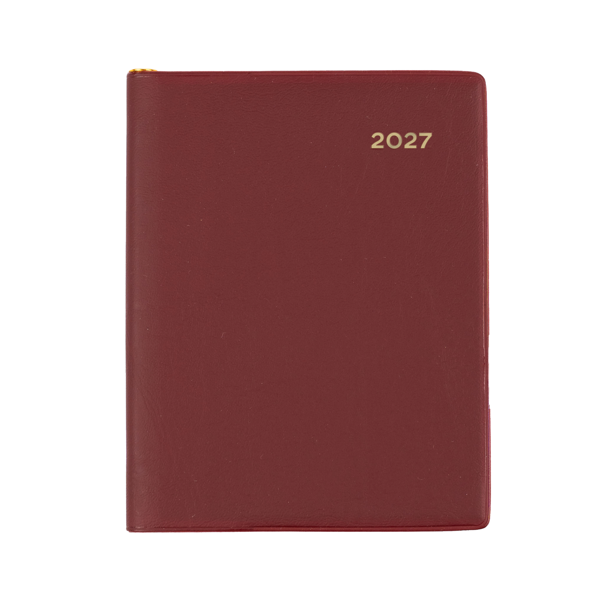 Collins Belmont 2027 A7 pocket week to view with pencil diary burgundy cover angled view