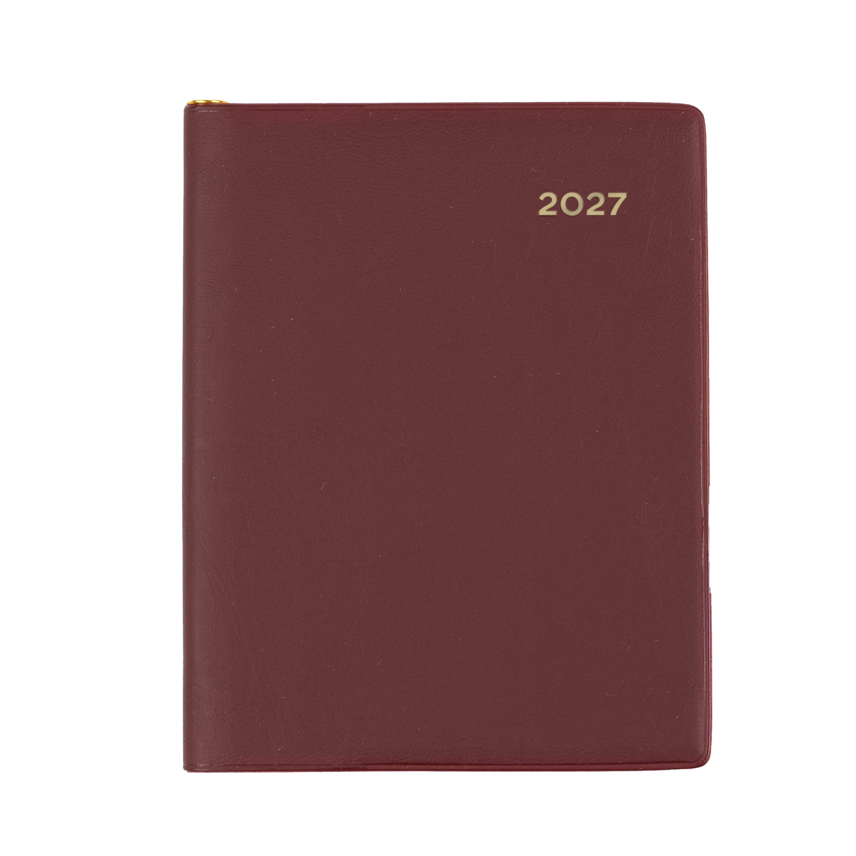 Collins Belmont 2027 A7 pocket week to view with pencil diary burgundy cover angled view