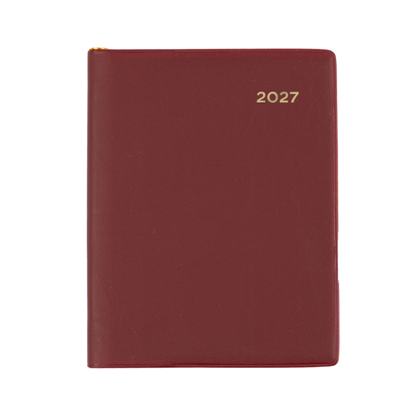 Collins Belmont 2027 A7 pocket week to view with pencil diary burgundy cover angled view