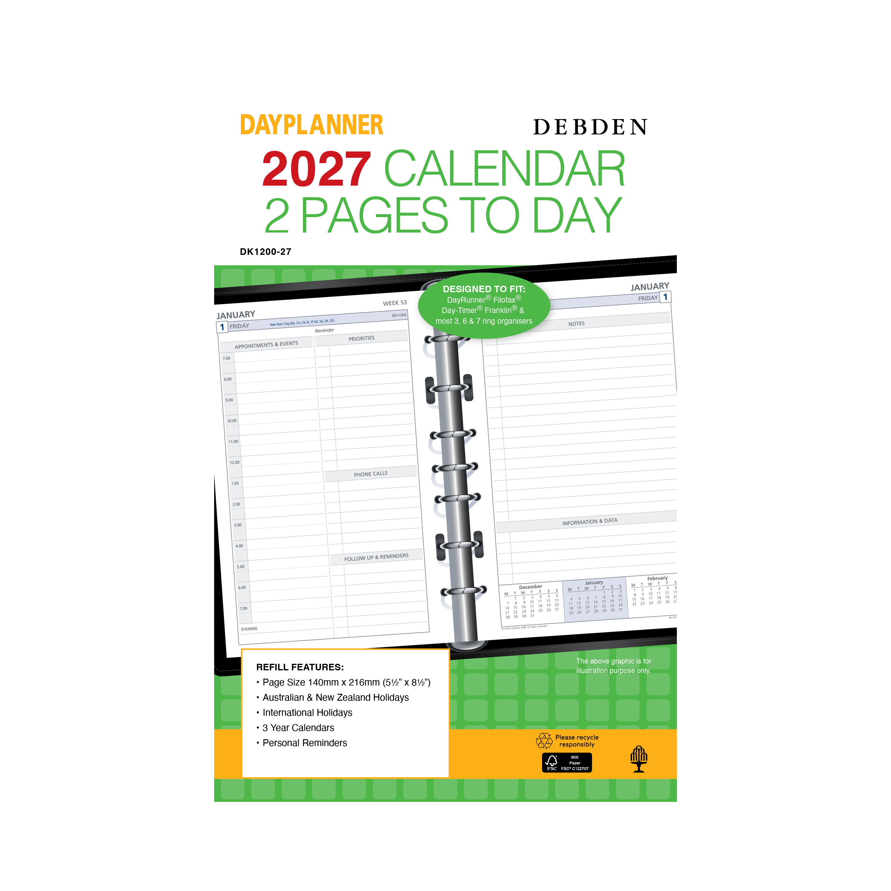 Debden Dayplanner 2027 Desk 2 pages to a day refill angled view