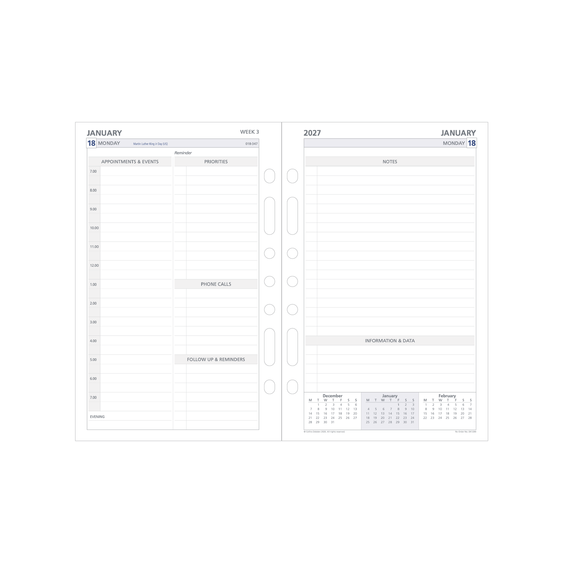 Debden Dayplanner 2027 Desk 2 pages to a day refill page layout
