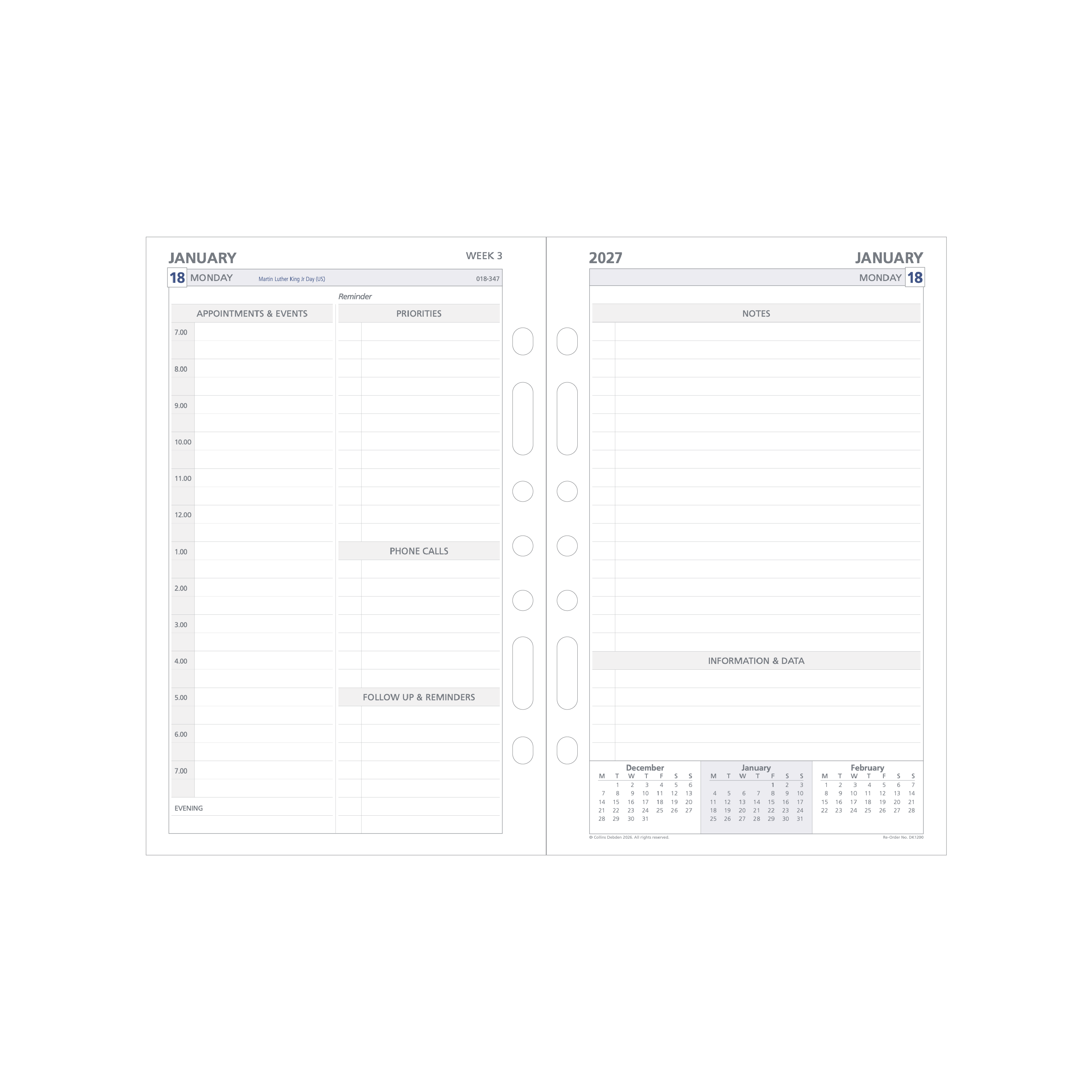 Debden Dayplanner 2027 Desk 2 pages to a day refill page layout