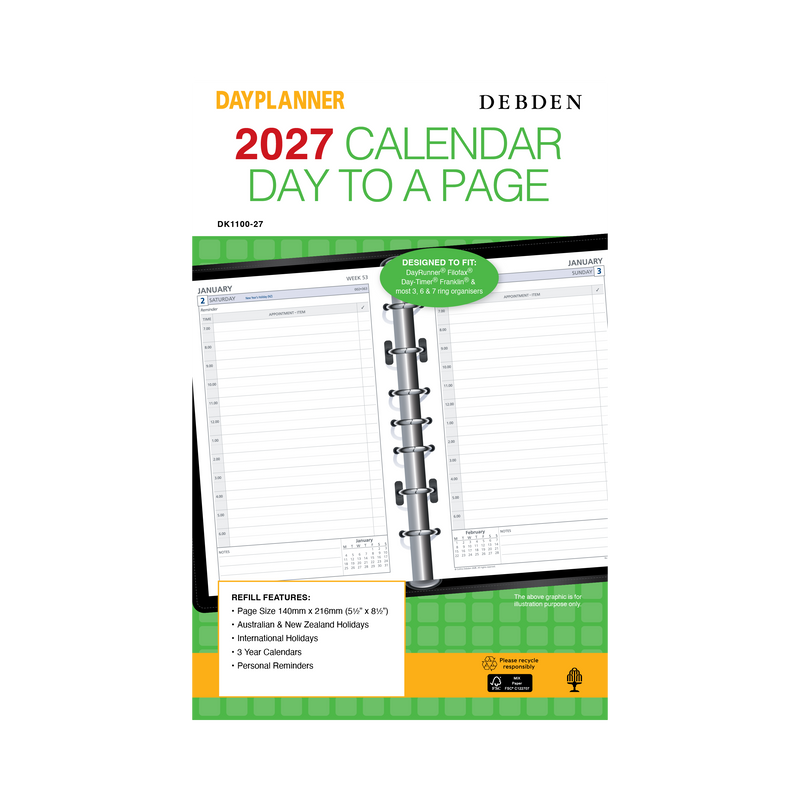 Debden Dayplanner 2027 Desk day to a page refill angled view