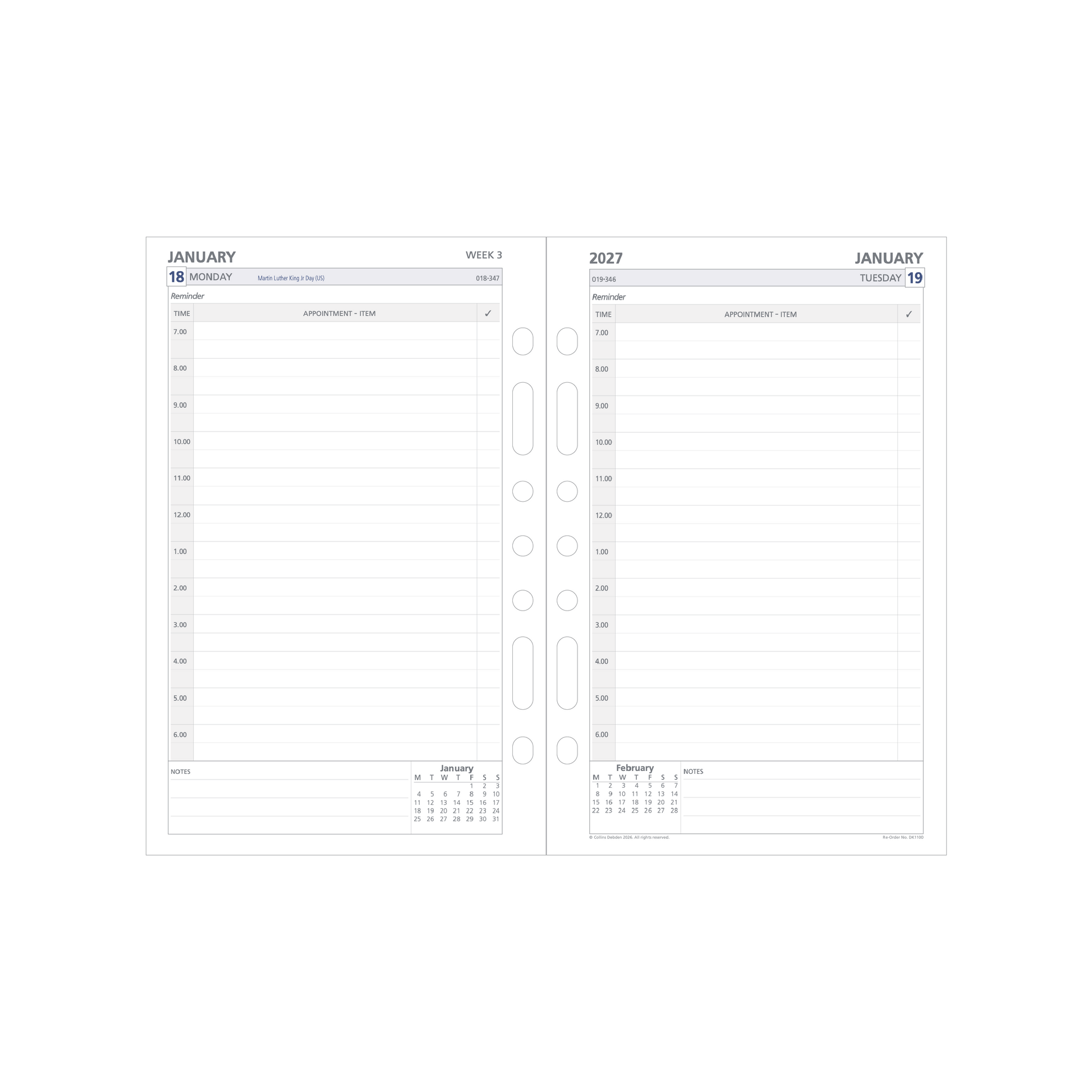 Debden Dayplanner 2027 Desk day to a page refill page layout