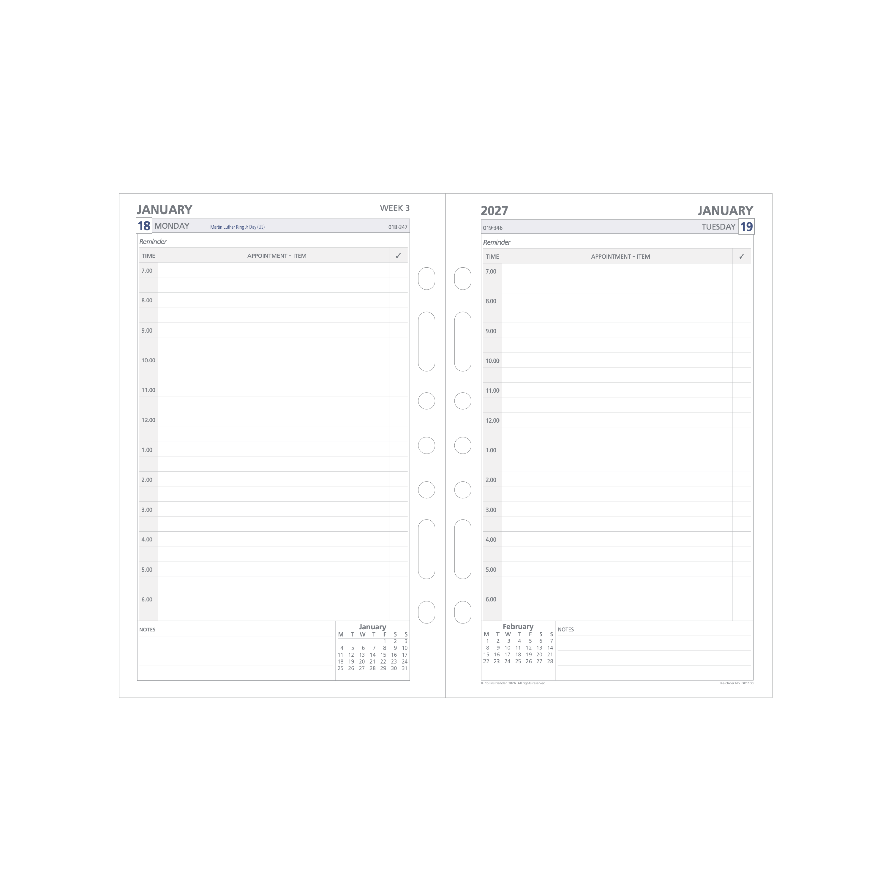 Debden Dayplanner 2027 Desk day to a page refill page layout
