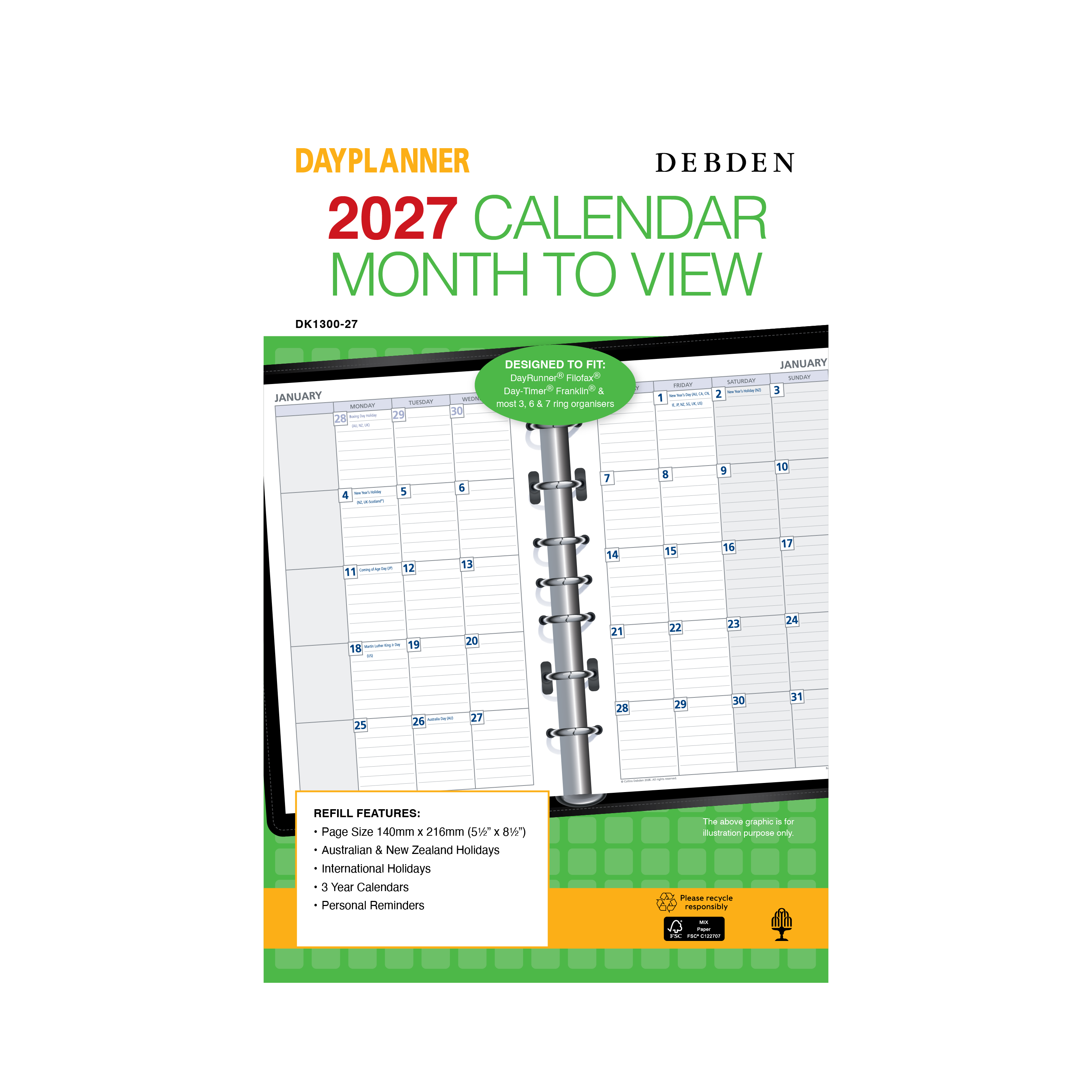 Debden Dayplanner 2027 Desk month to view refill angled view