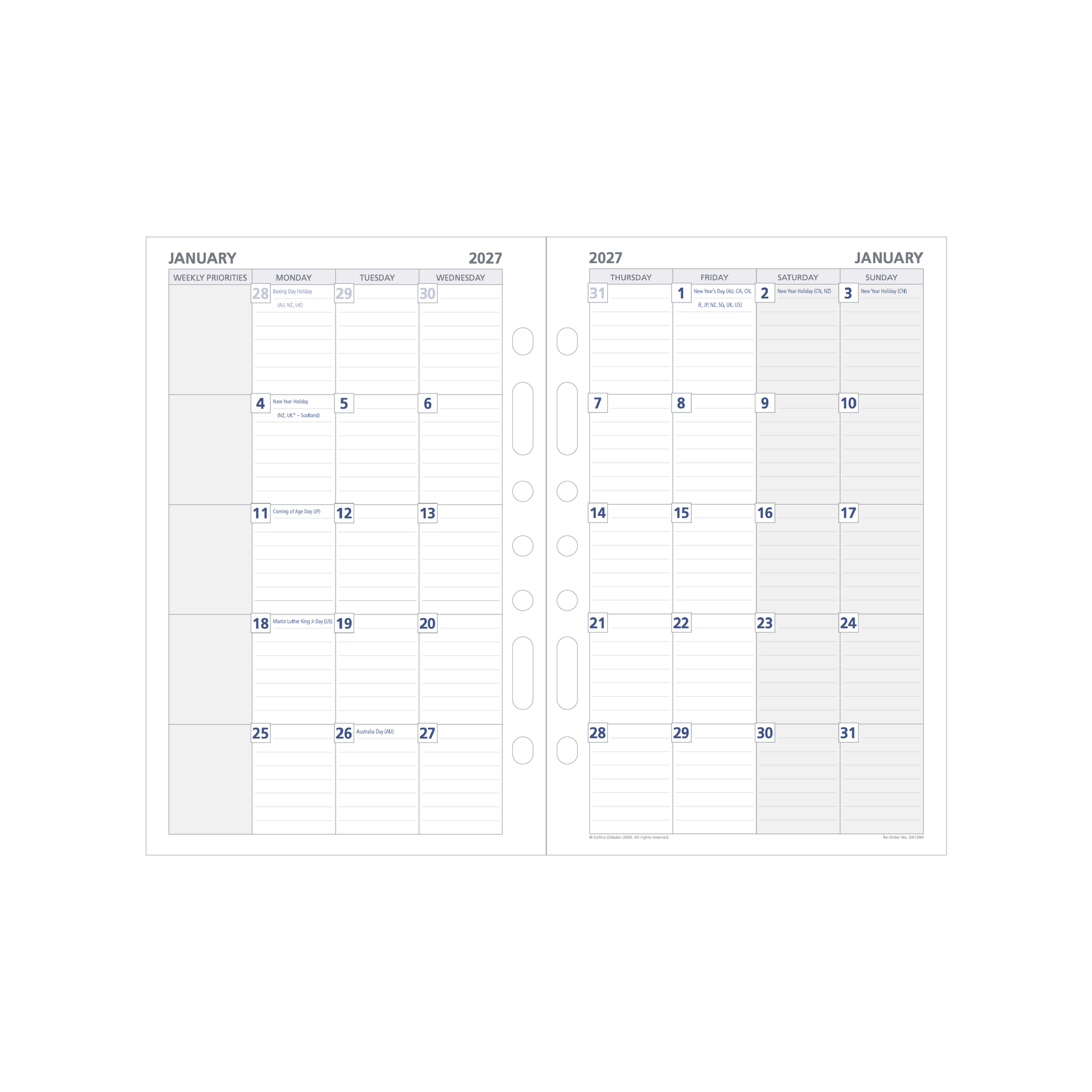 Debden Dayplanner 2027 Desk month to view refill page layout