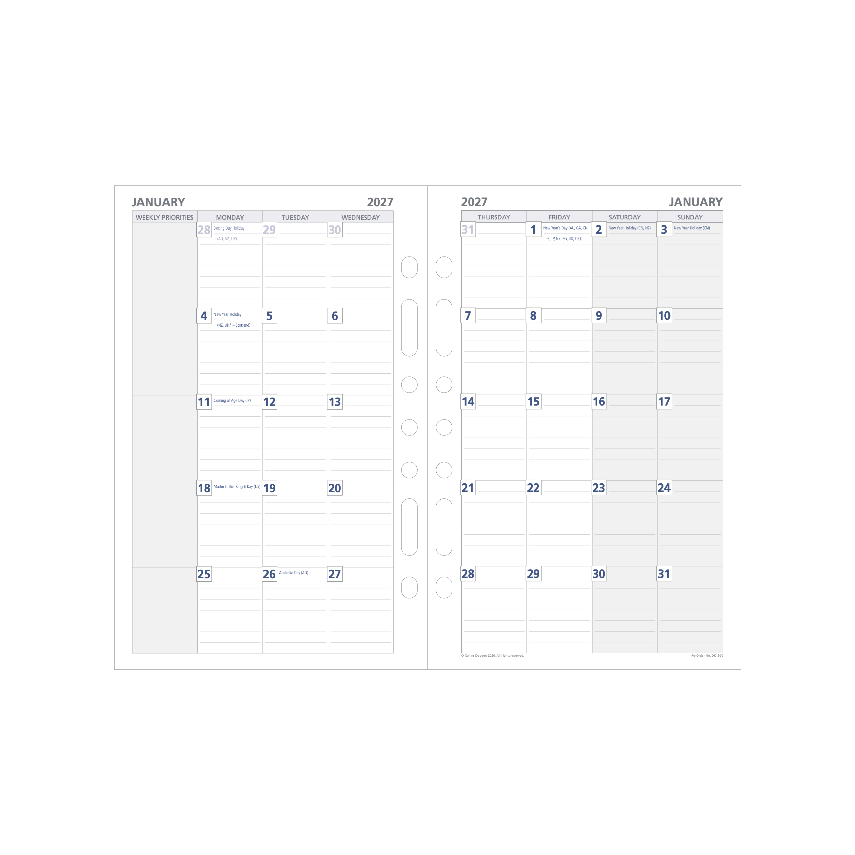 Debden Dayplanner 2027 Desk month to view refill page layout