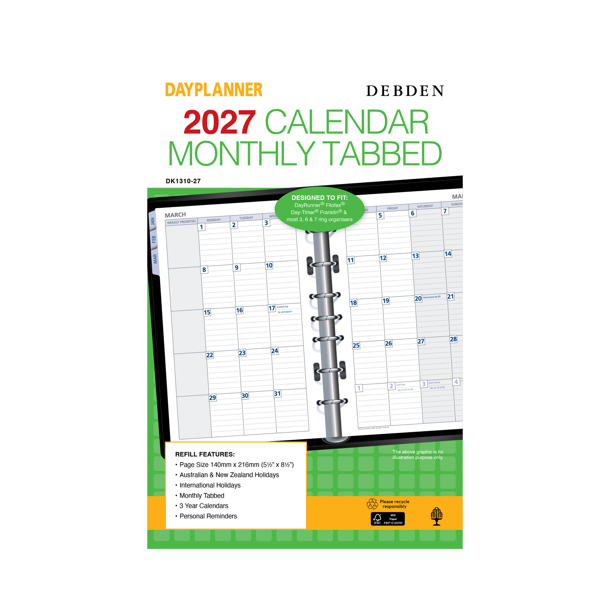 Debden Dayplanner 2027 Desk month to view with tabs refill angled view