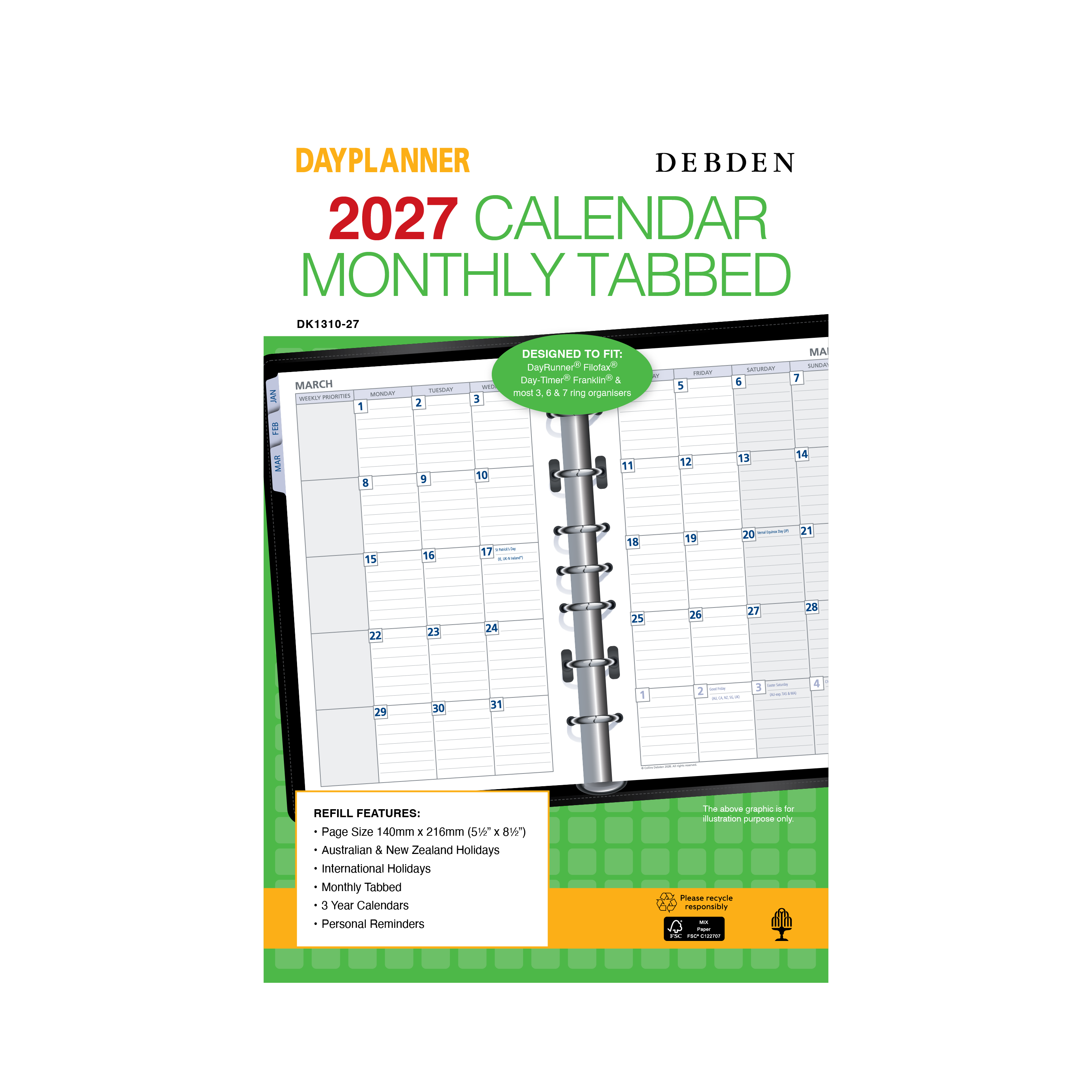 Debden Dayplanner 2027 Desk month to view with tabs refill angled view