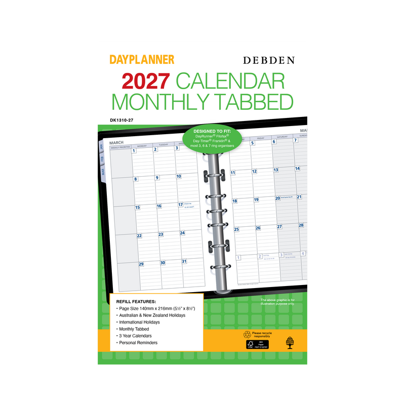 Debden Dayplanner 2027 Desk month to view with tabs refill angled view