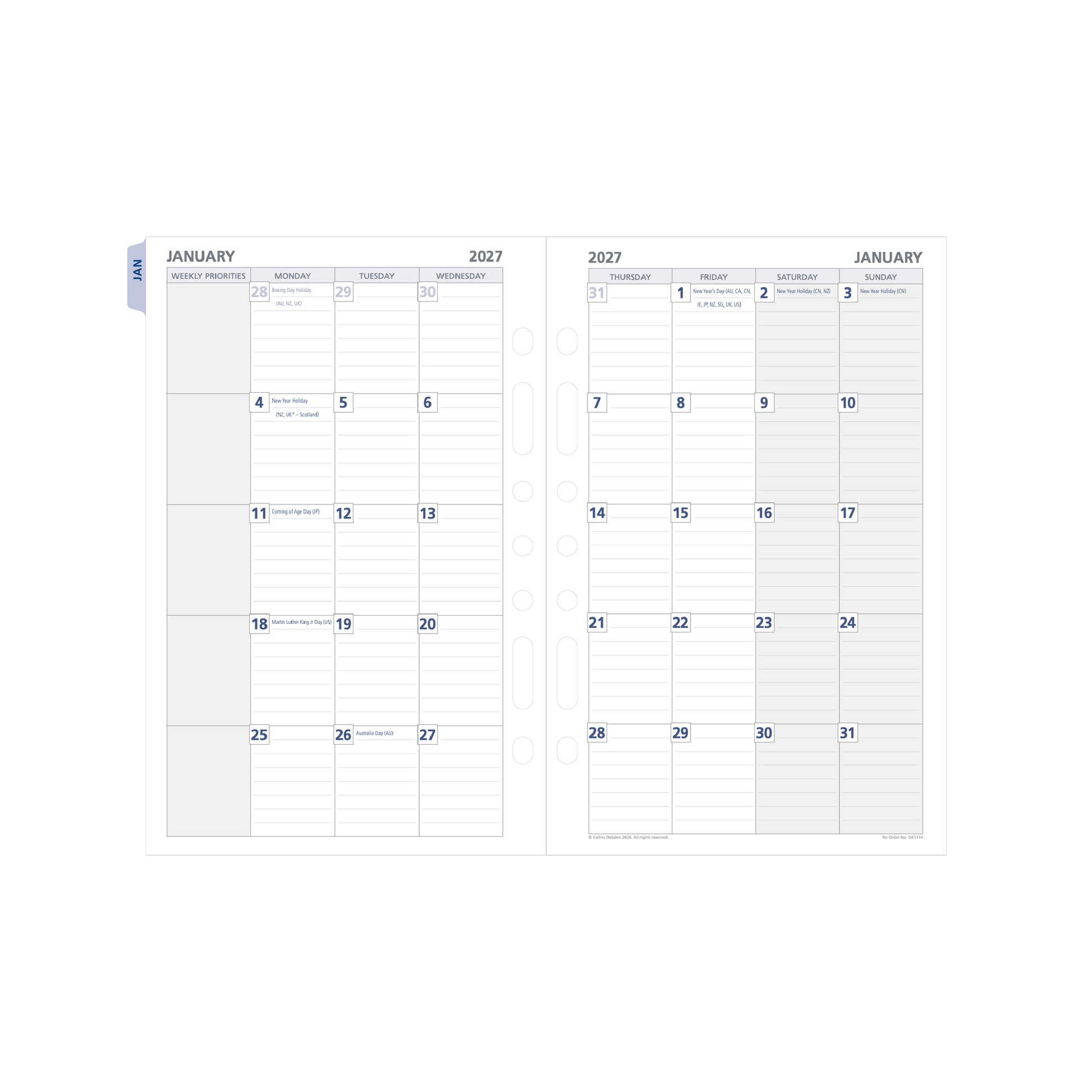 Debden Dayplanner 2027 Desk month to view with tabs refill page layout