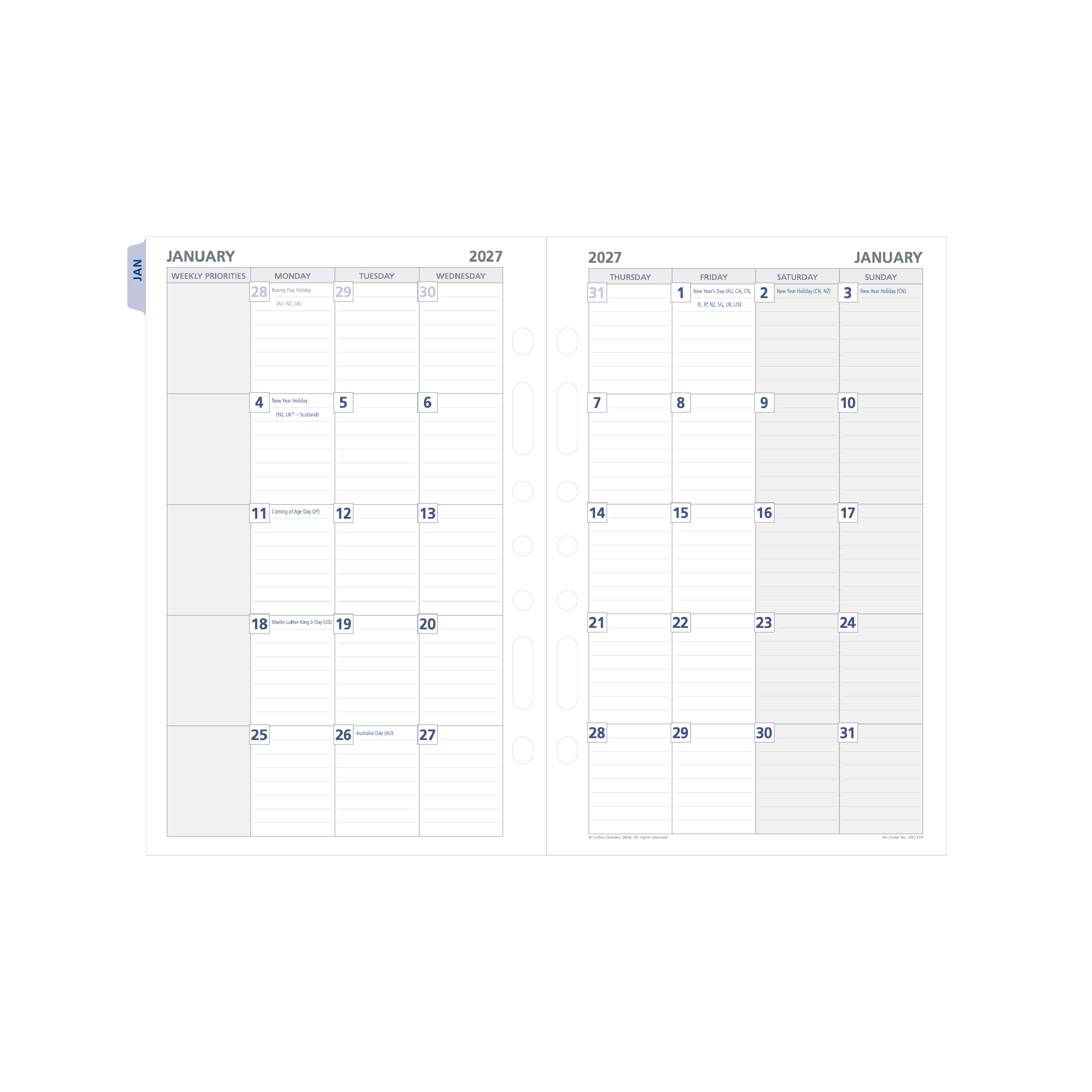 Debden Dayplanner 2027 Desk month to view with tabs refill page layout
