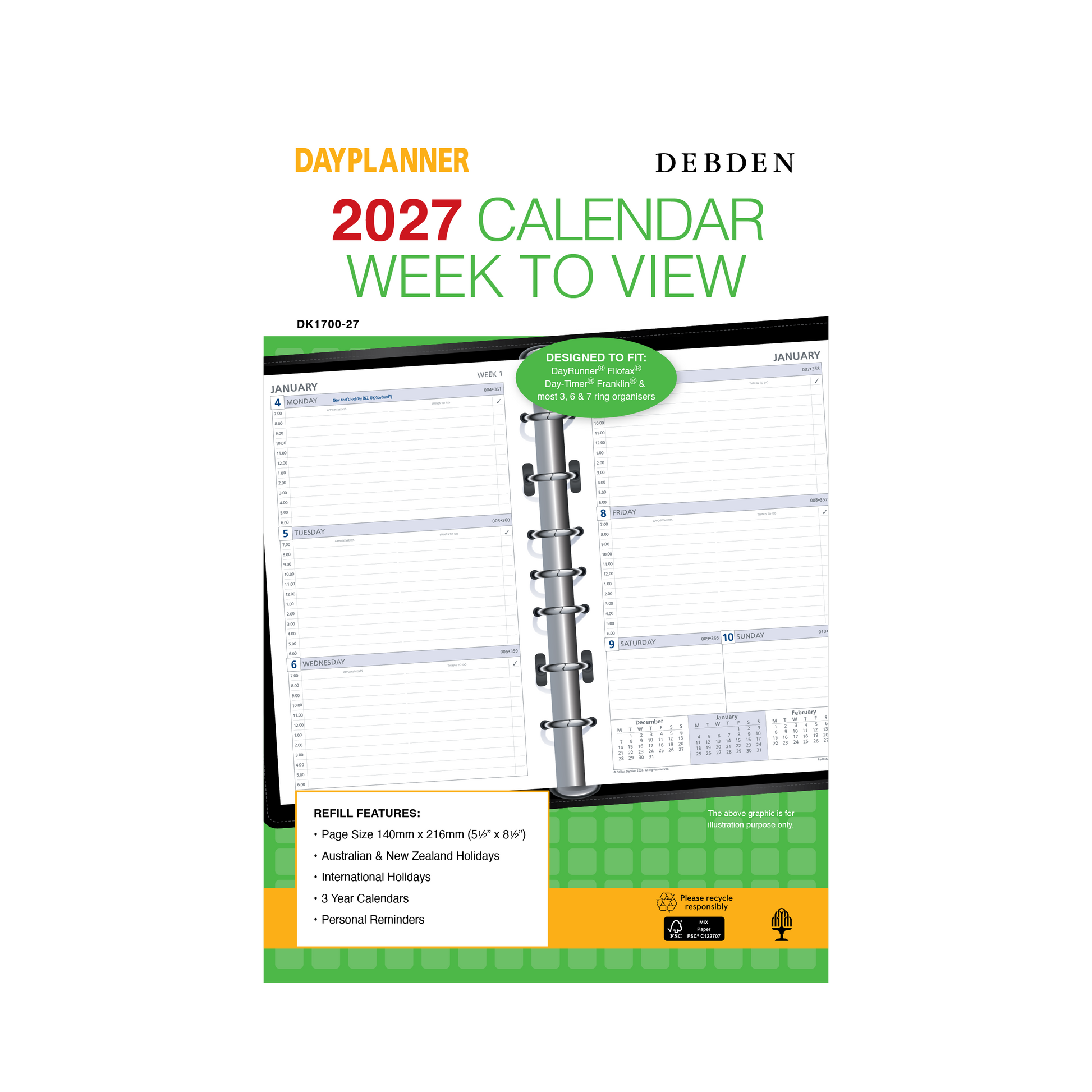 Debden Dayplanner 2027 Desk week to view refill angled view