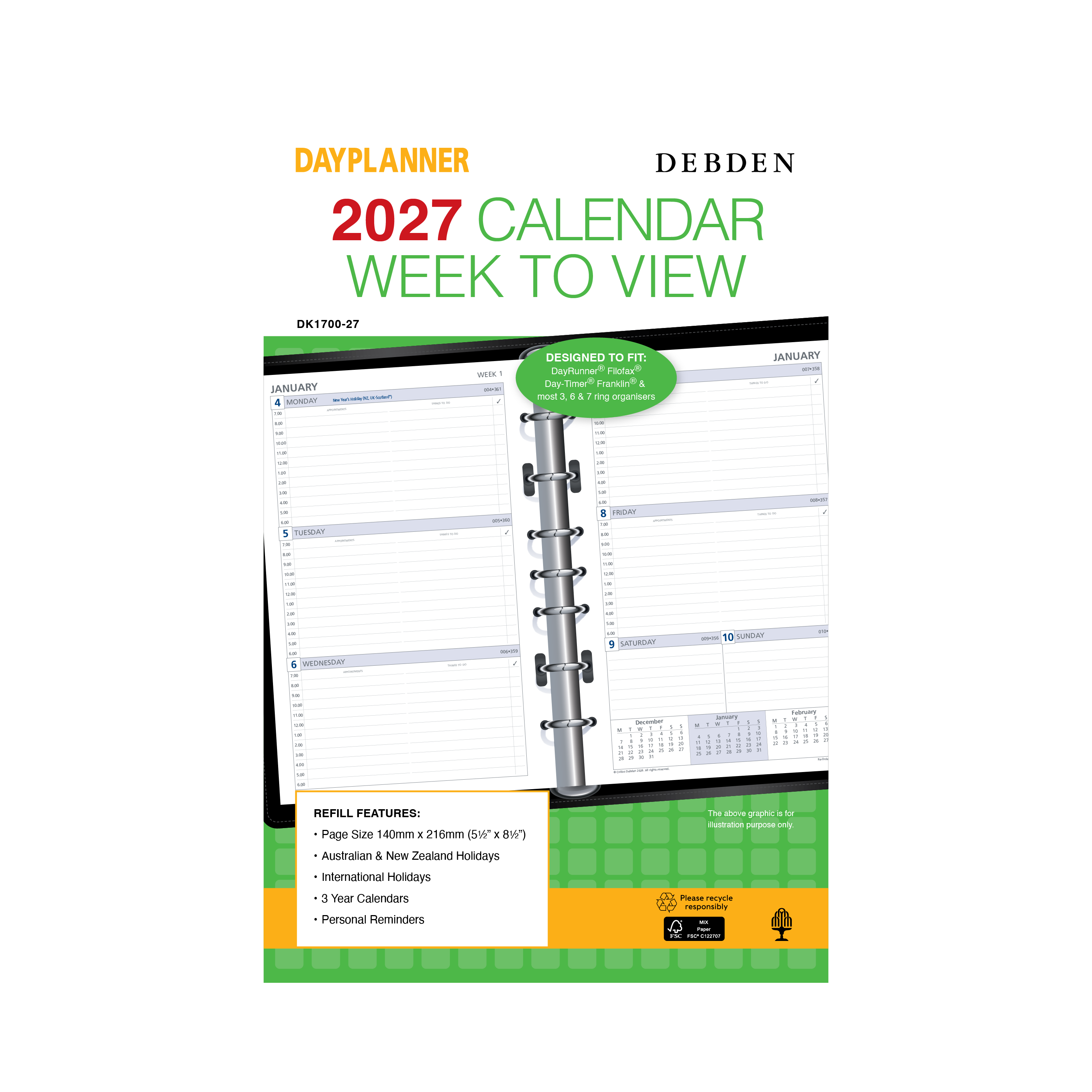 Debden Dayplanner 2027 Desk week to view refill angled view