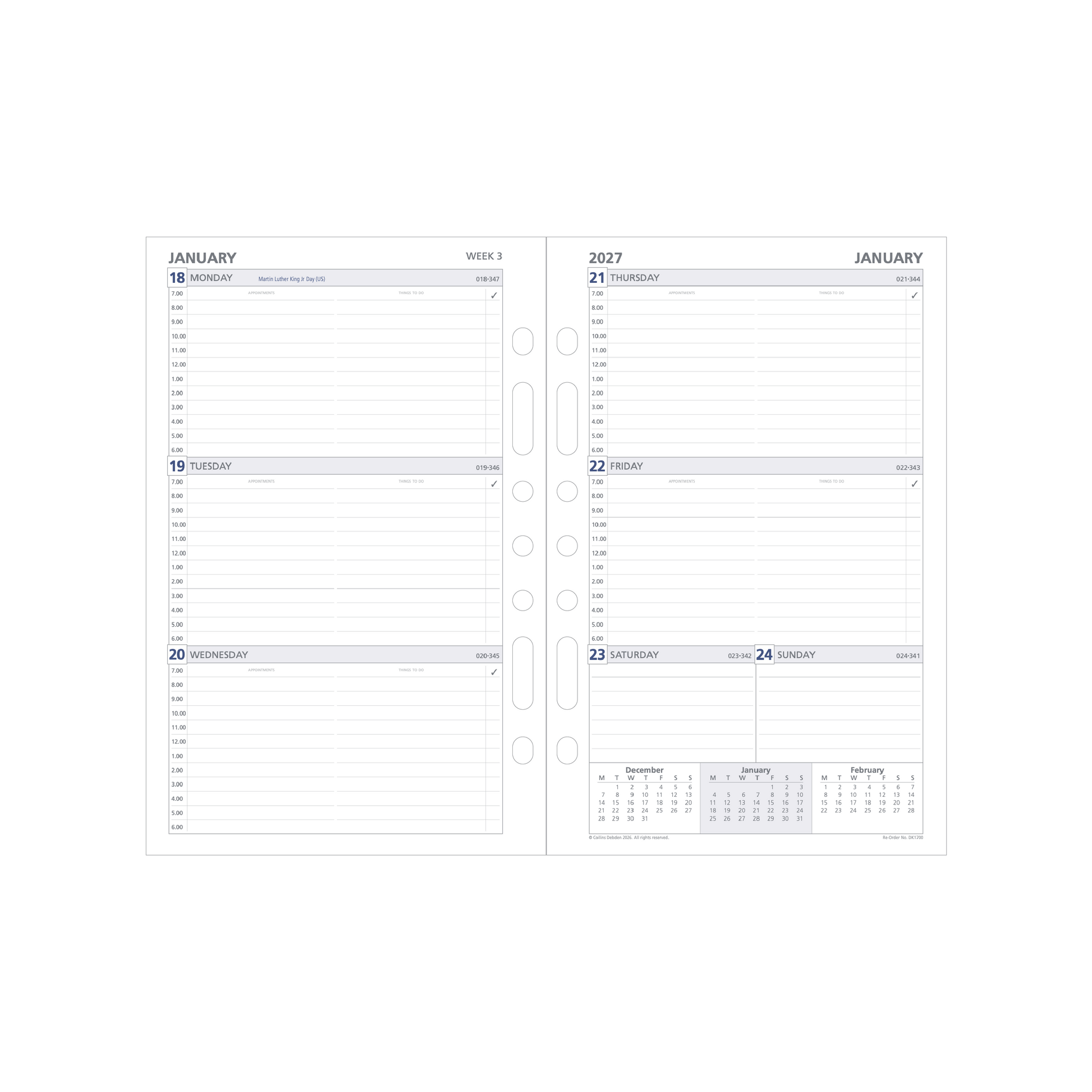 Debden Dayplanner 2027 Desk week to view refill page layout