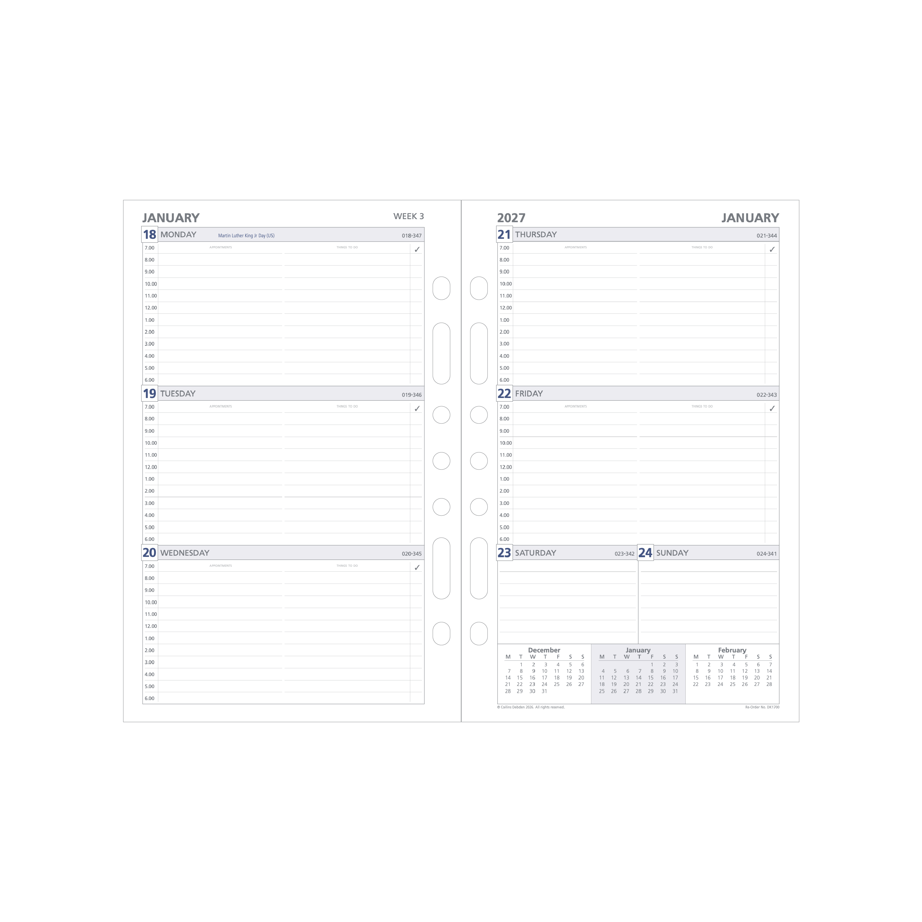 Debden Dayplanner 2027 Desk week to view refill page layout
